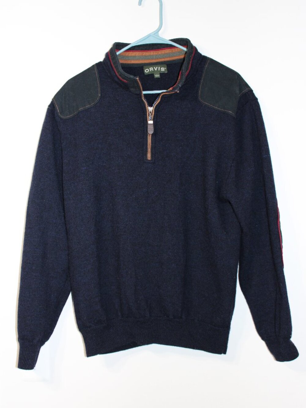 Men's Orvis 100% Wool Shell 1/4 Zip Sweater with Shoulder and Elbow Patch Detail
